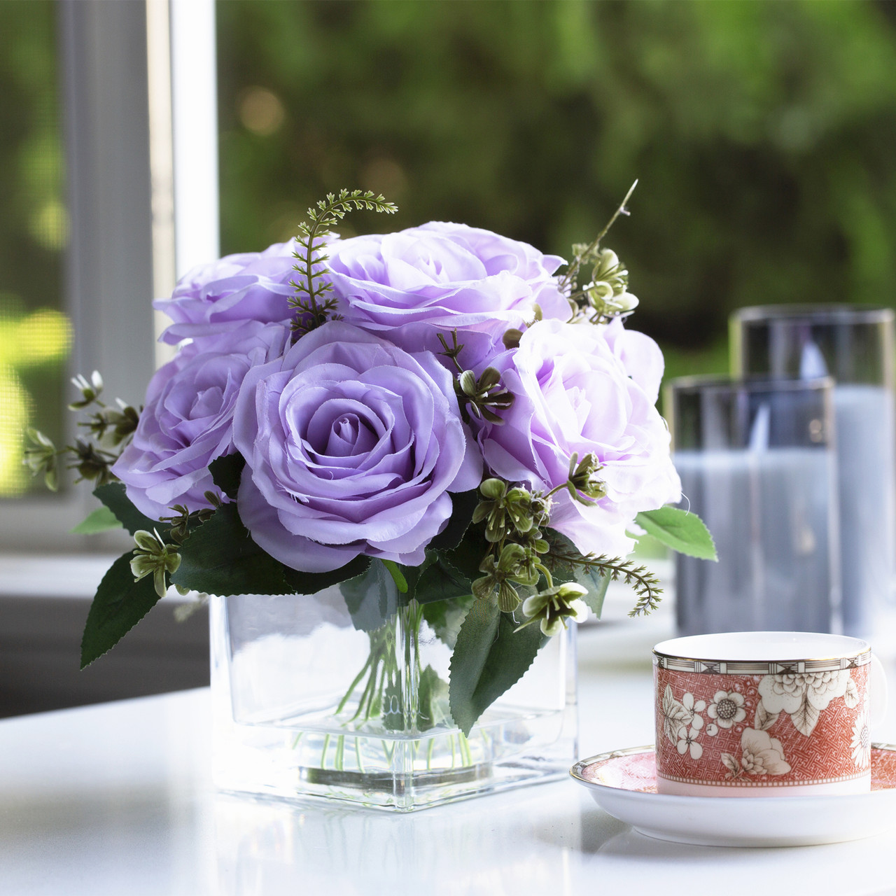 9 Heads Artificial Silk Rose Flowers in Clear Glass Vase With Faux Water(Lavender)