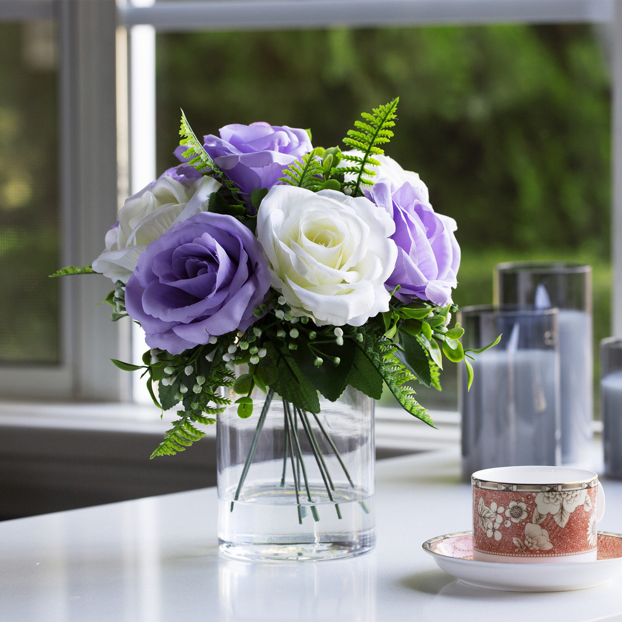 10 Heads Artificial Silk Rose Flowers in Clear Glass Vase With Faux Water(Cream Purple)