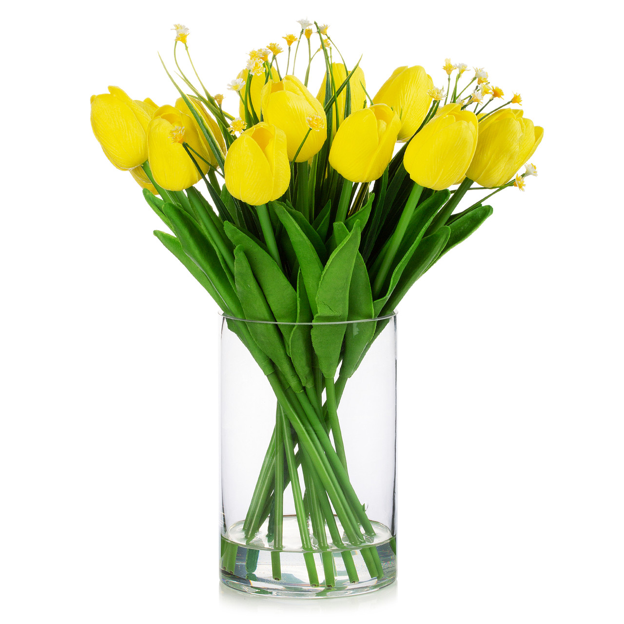18 Heads Artificial Real Touch Tulip Arrangement in Clear Glass Vase (Yellow)