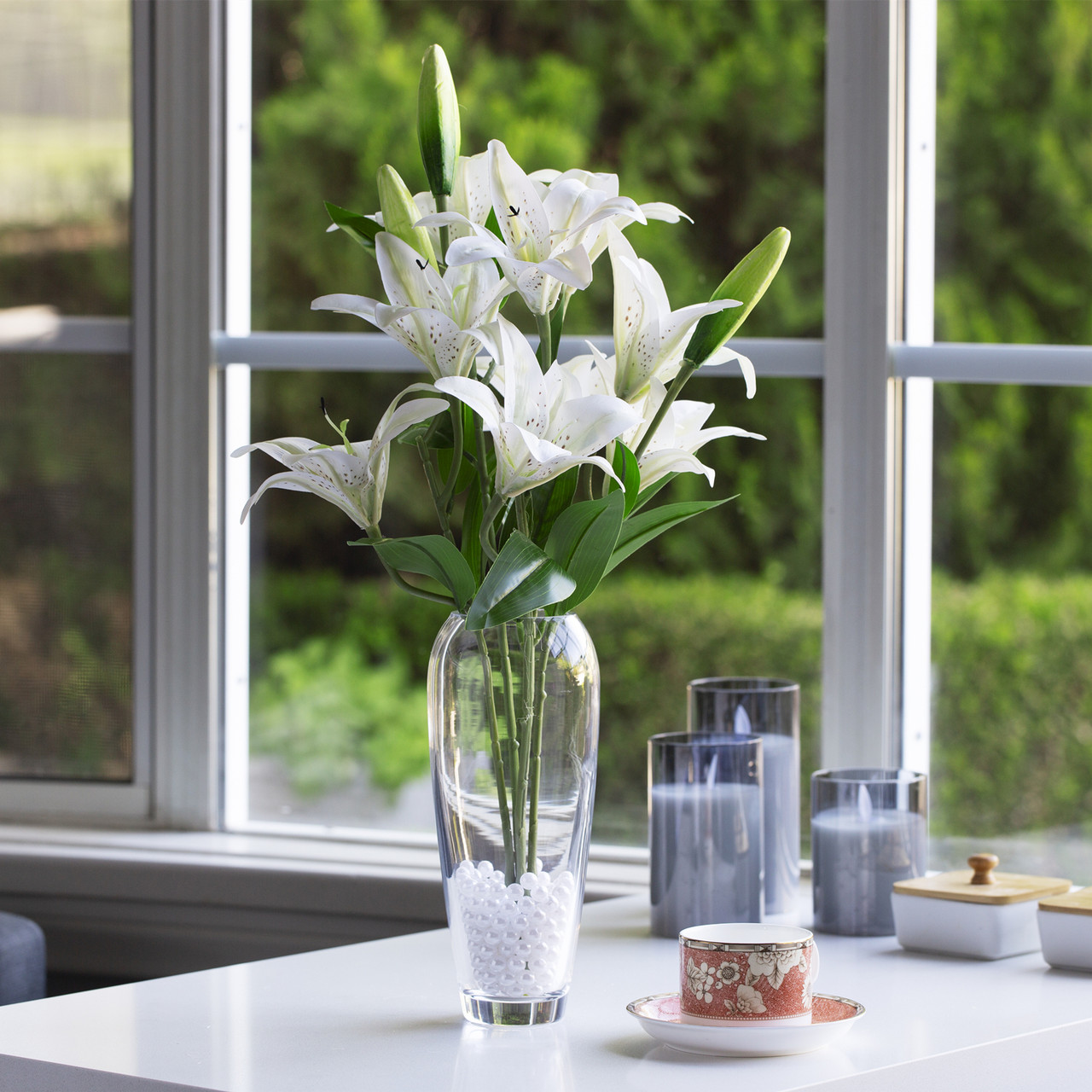 Artificial Real Touch Tiger Lily Arrangement in Clear Glass Vase with Plastic Pearl