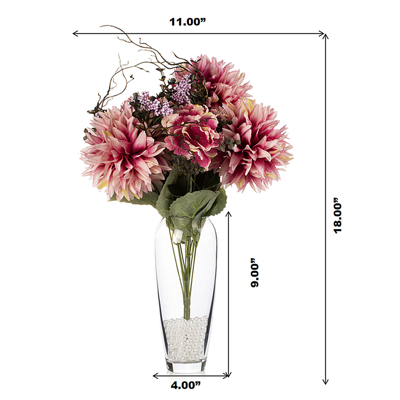 Large Silk Dahlia Flower Arrangement in Clear Glass Vase with Plastic Pearl (Purple)