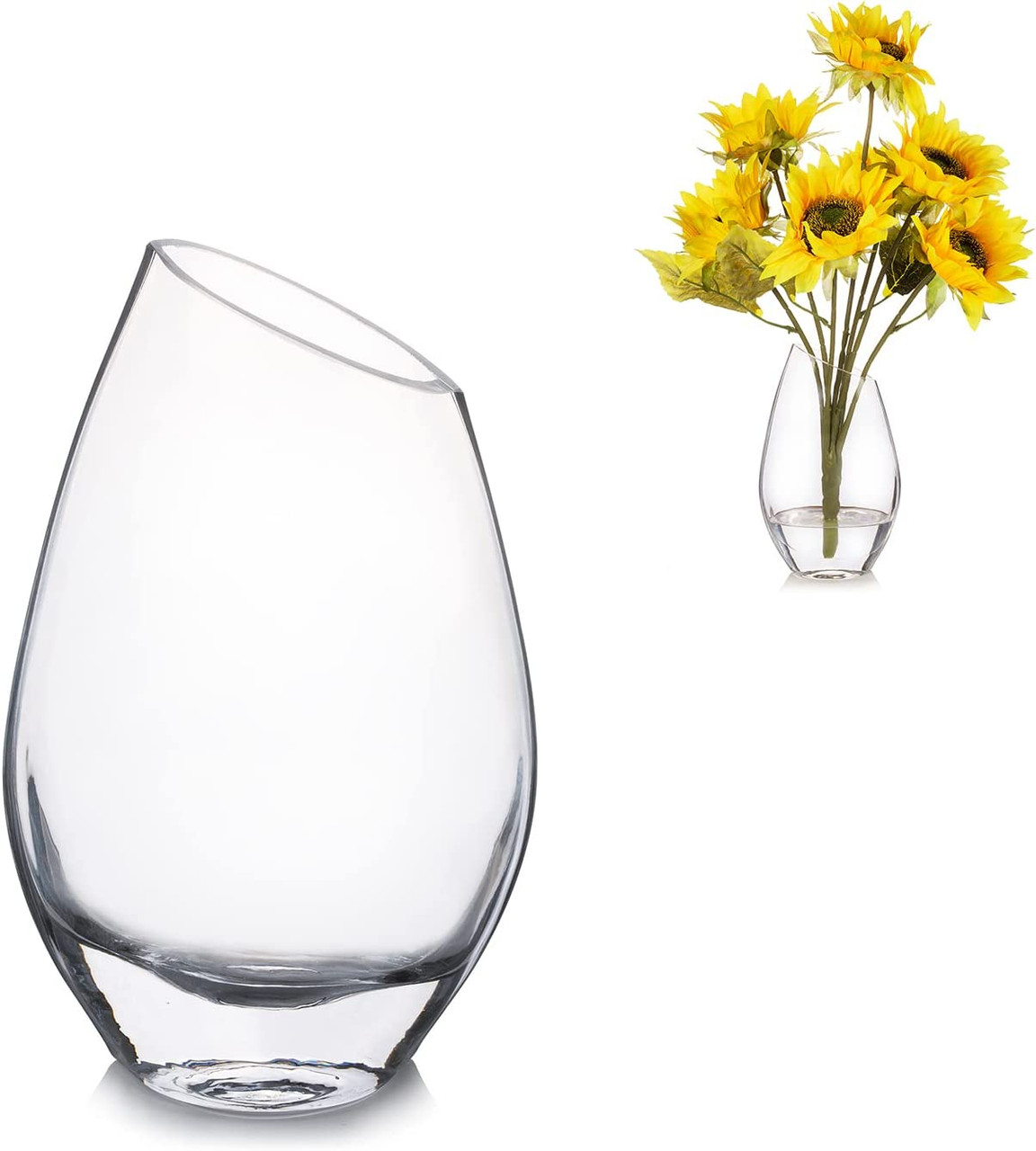 Unique Angled Rim Clear Glass Vase 4.5" W 8.0" H