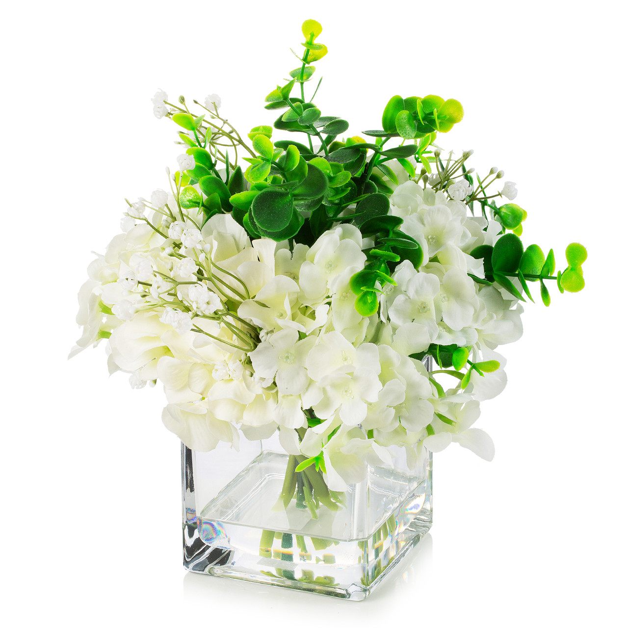 Mixed Artificial Hydrangea Flower with Baby Breath in Cube Glass Vase