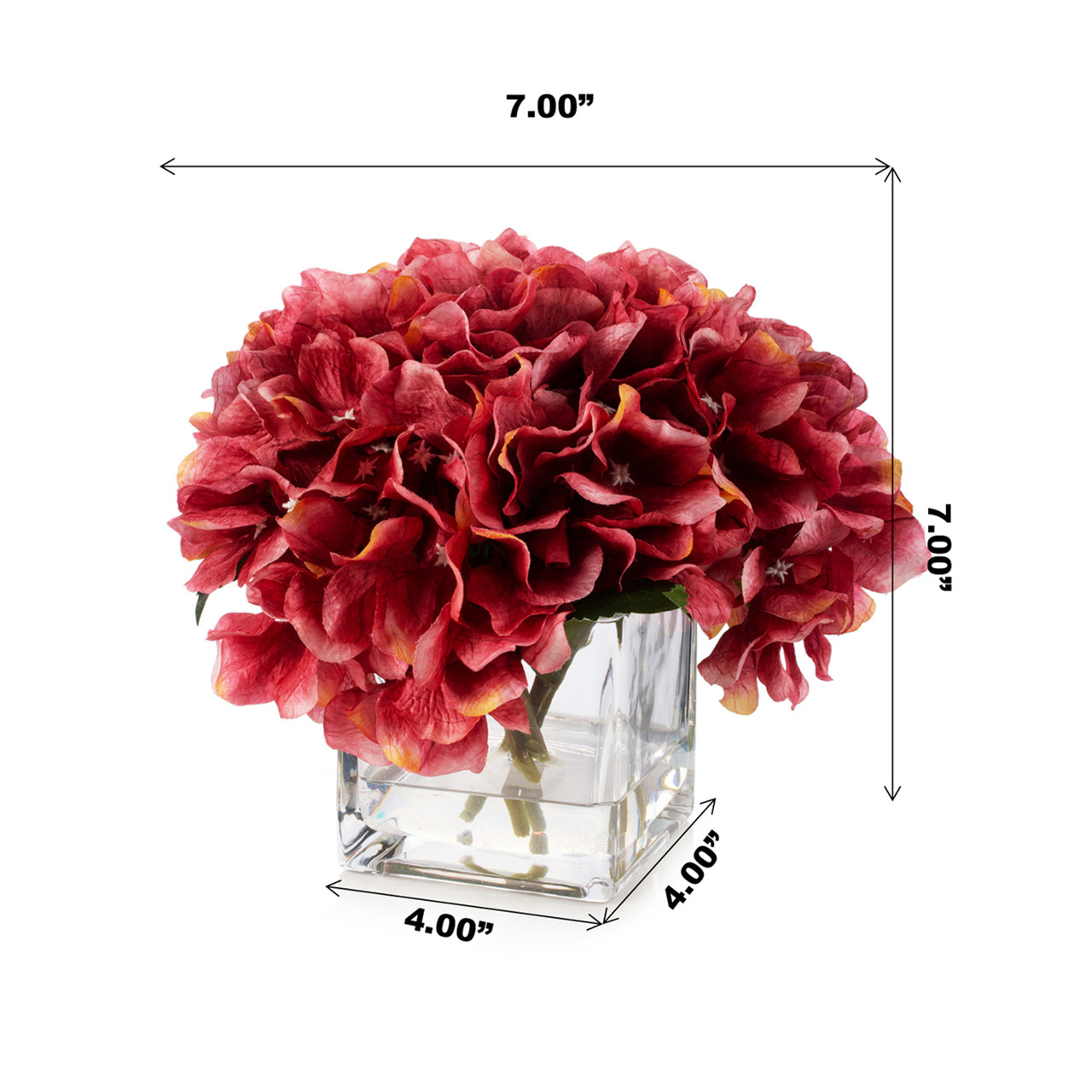 Artificial Silk Hydrangea Flowers in Clear Glass Vase With Faux Water (Fuchsia)