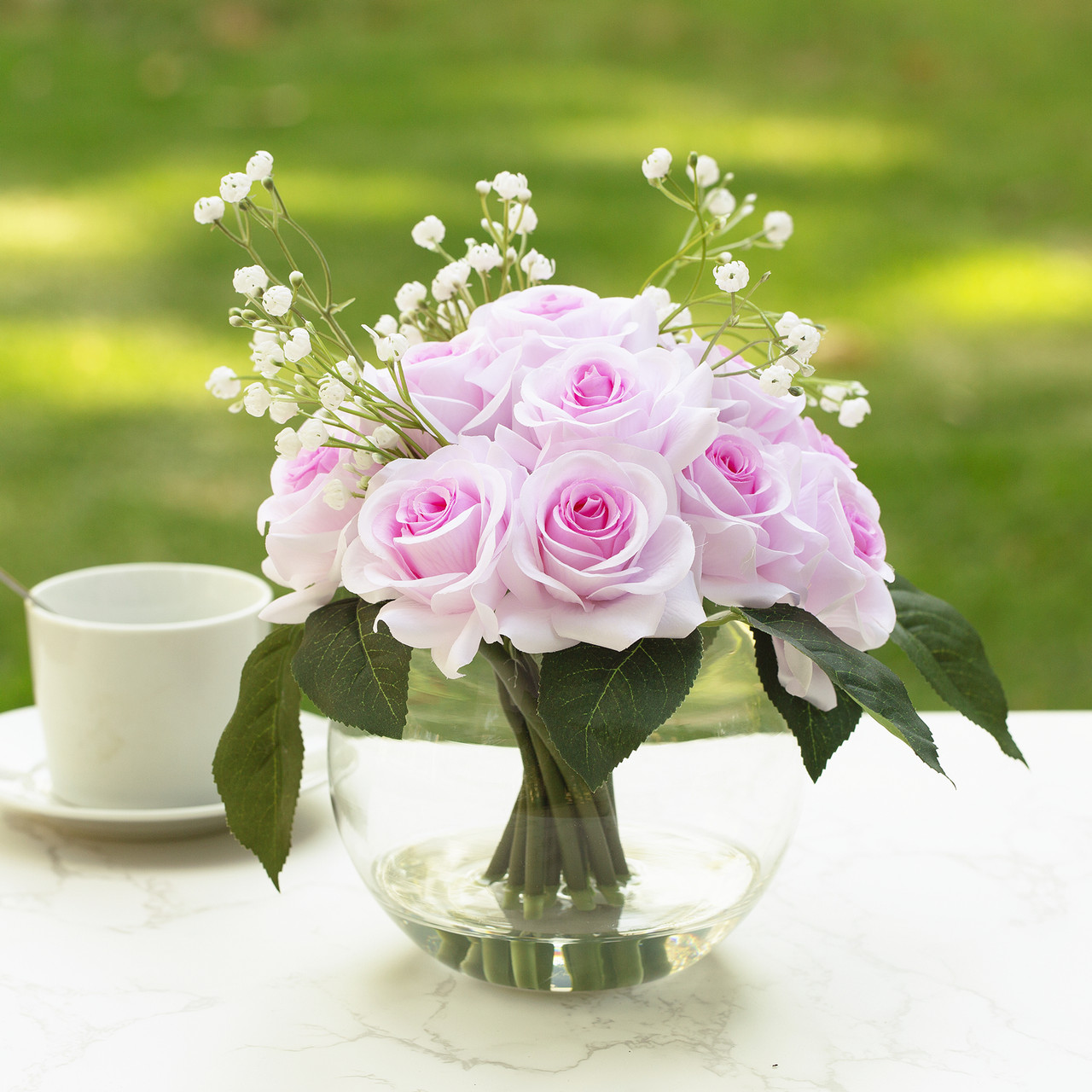 14 Pieces Mixed Artificial Rose and Baby Breath Flowers Arrangement in  Clear Glass Vase with Faux Water(Pink)