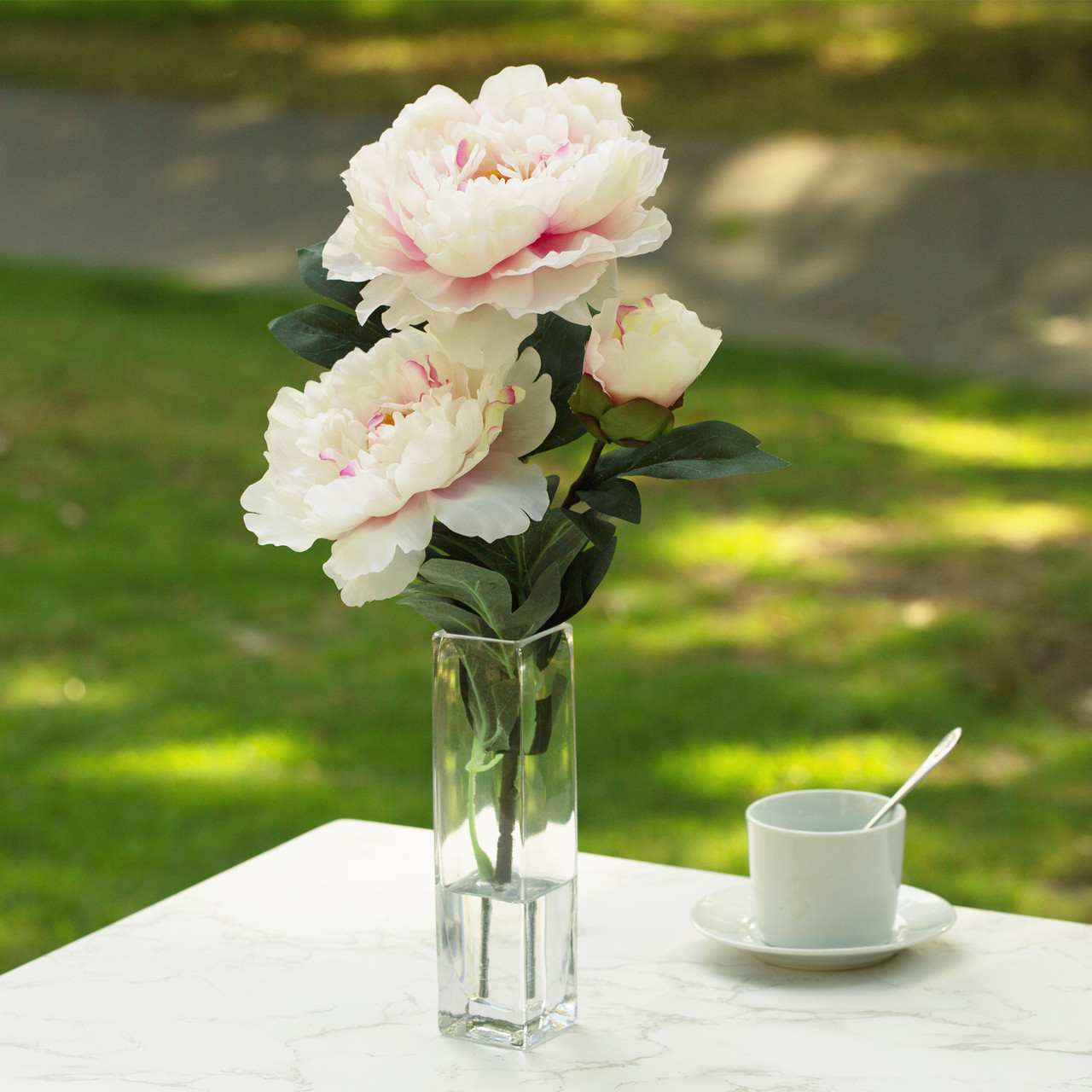 Artificial Silk Peony Flower in Clear Glass Vase