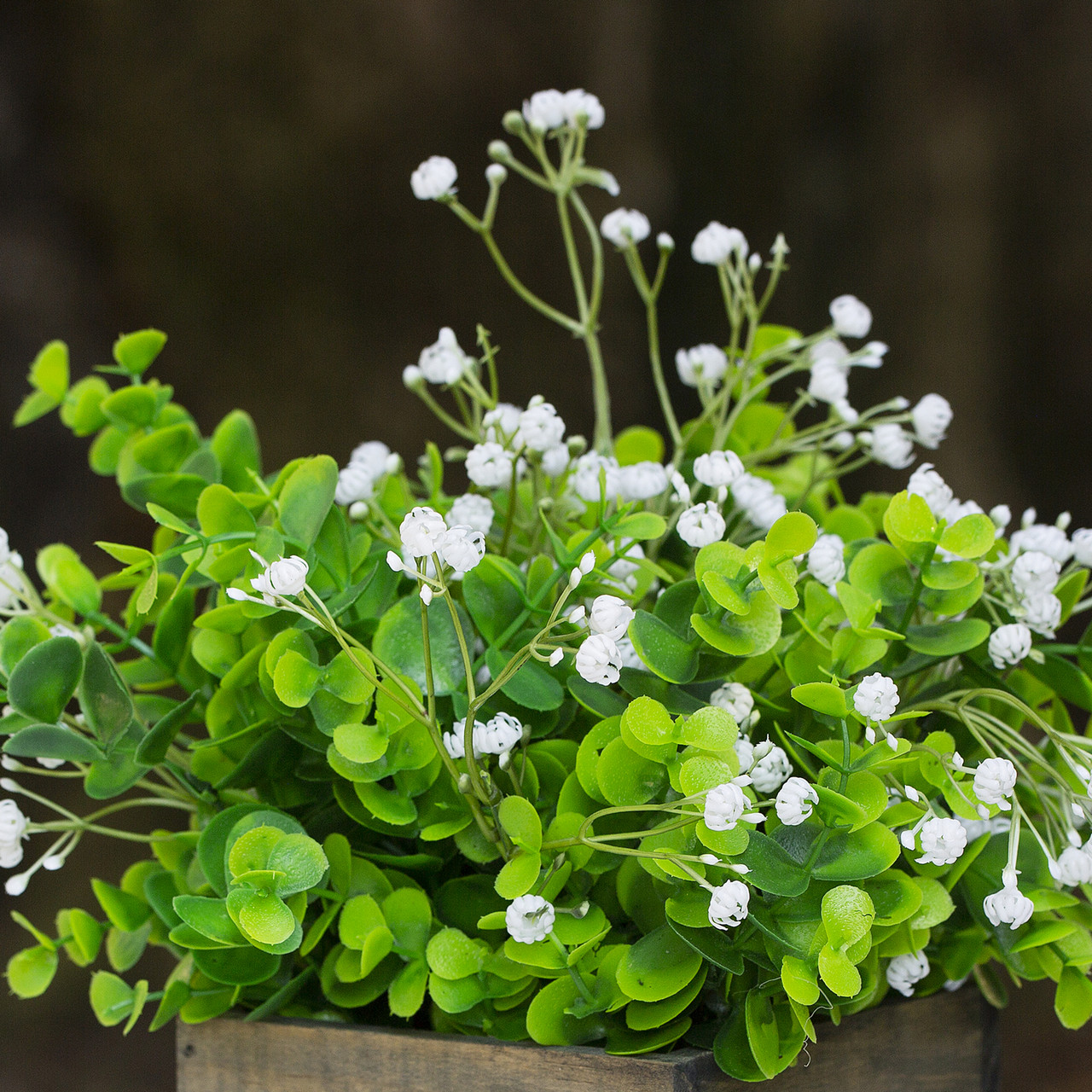 Mixed Eucalyptus Grass and Baby Breath in Wood Planter