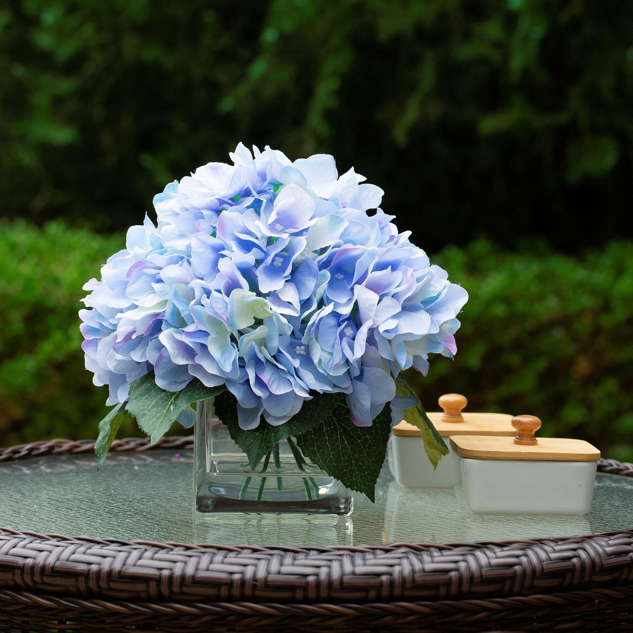 Artificial Silk Hydrangea in Clear Glass Vase With Faux Water