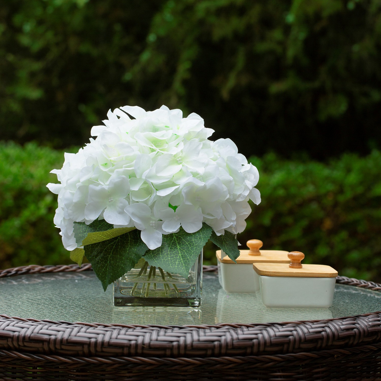 Artificial Silk Hydrangea in Clear Glass Vase With Faux Water