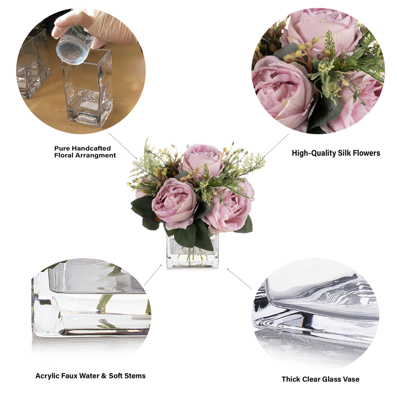 Artificial Silk Peony Flowers  in Clear Glass Vase With Faux Water