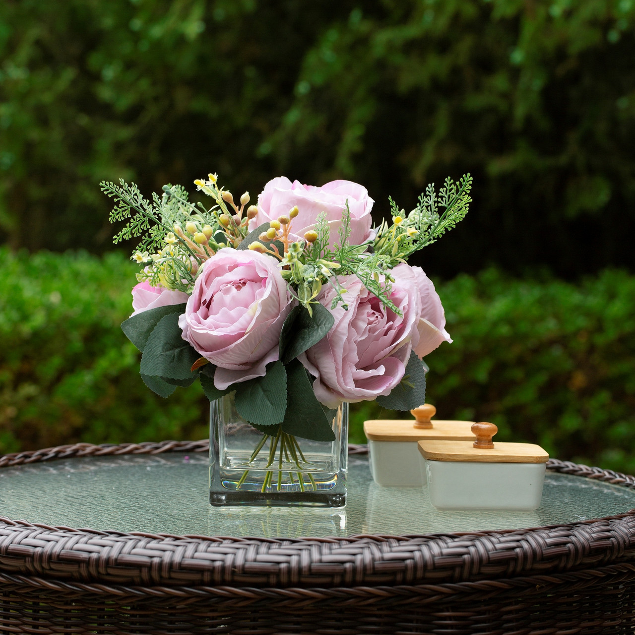 Artificial Silk Peony Flowers  in Clear Glass Vase With Faux Water