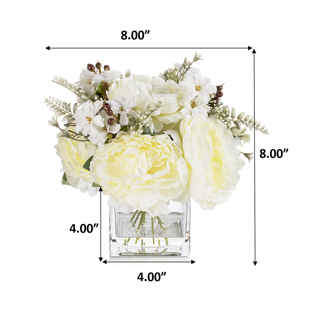 Mixed Artificial Silk Peony Flowers in Clear Glass Vase With Faux Water