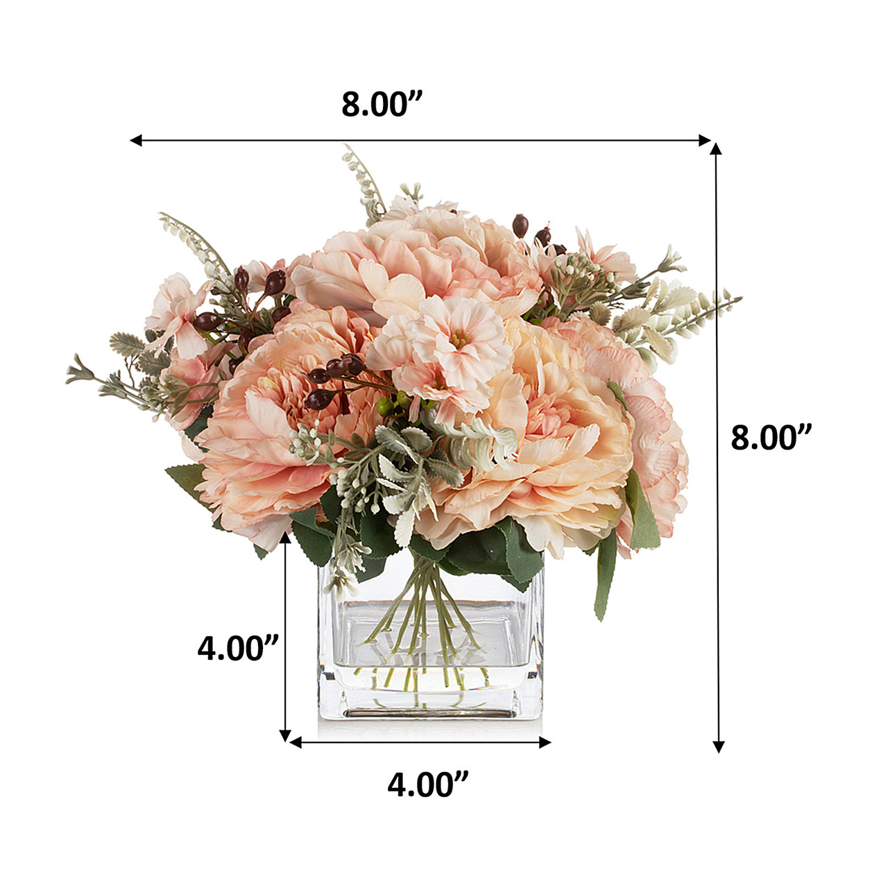 Mixed Artificial Silk Peony Flowers in Clear Glass Vase With Faux Water