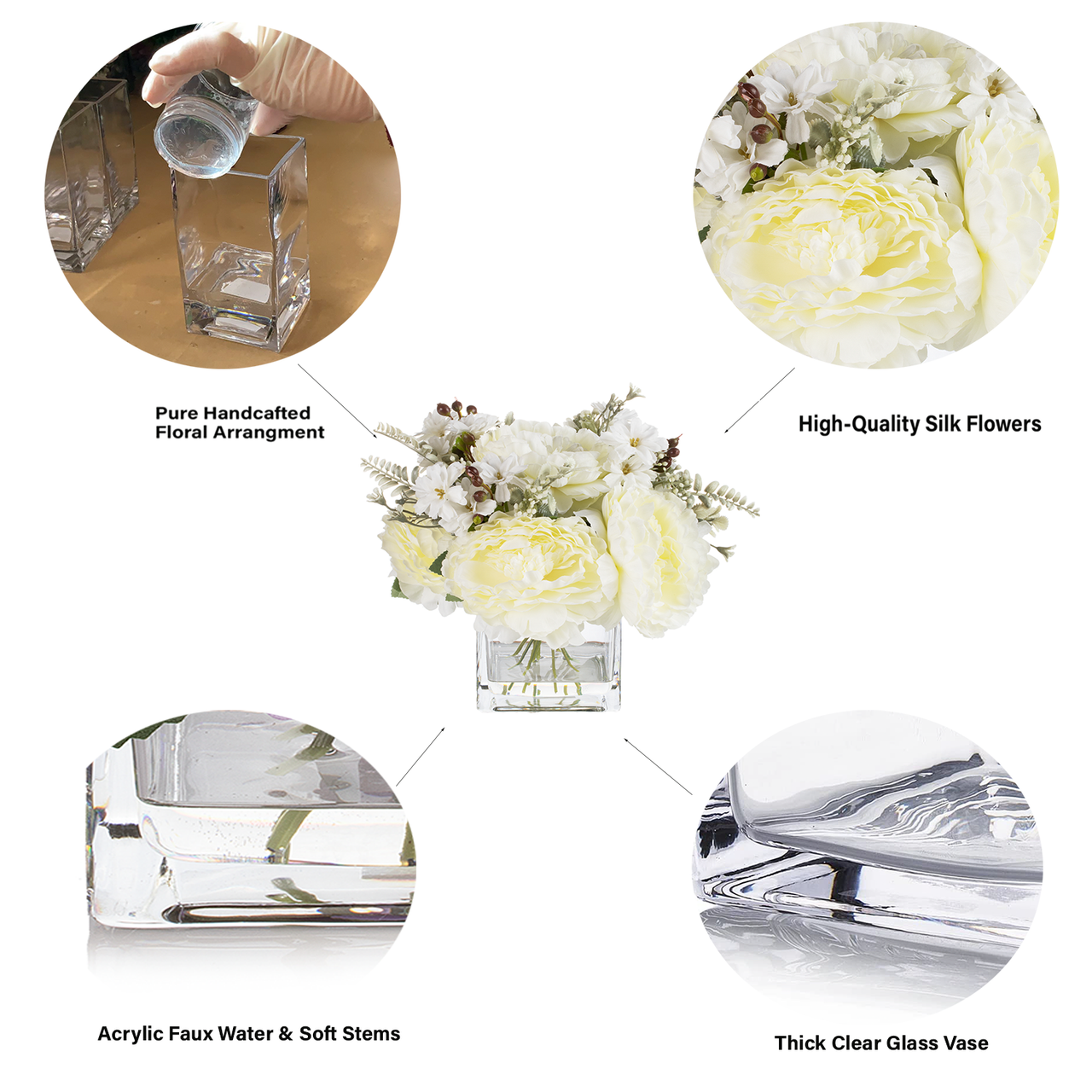 Mixed Artificial Silk Peony Flowers in Clear Glass Vase With Faux Water