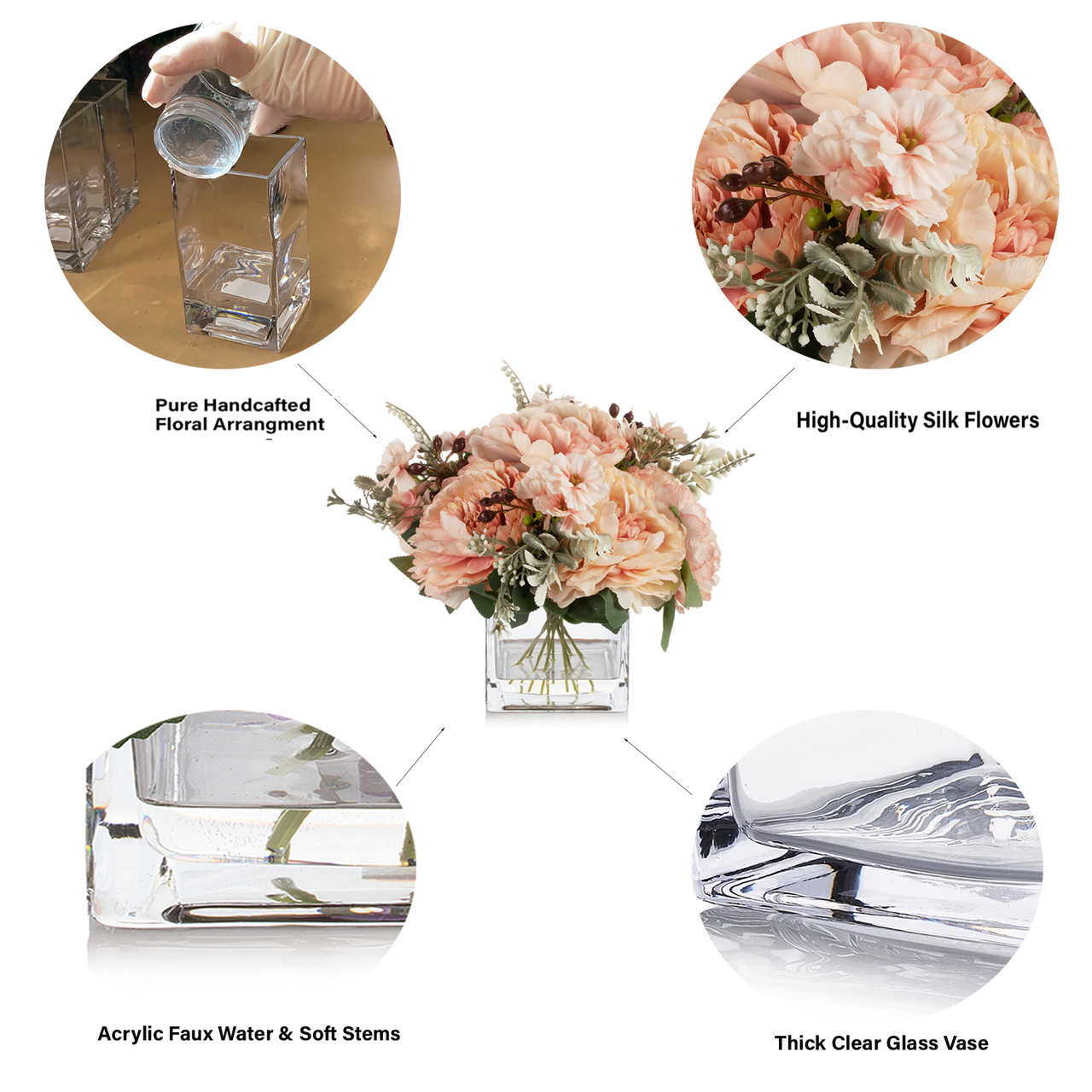 Mixed Artificial Silk Peony Flowers in Clear Glass Vase With Faux Water