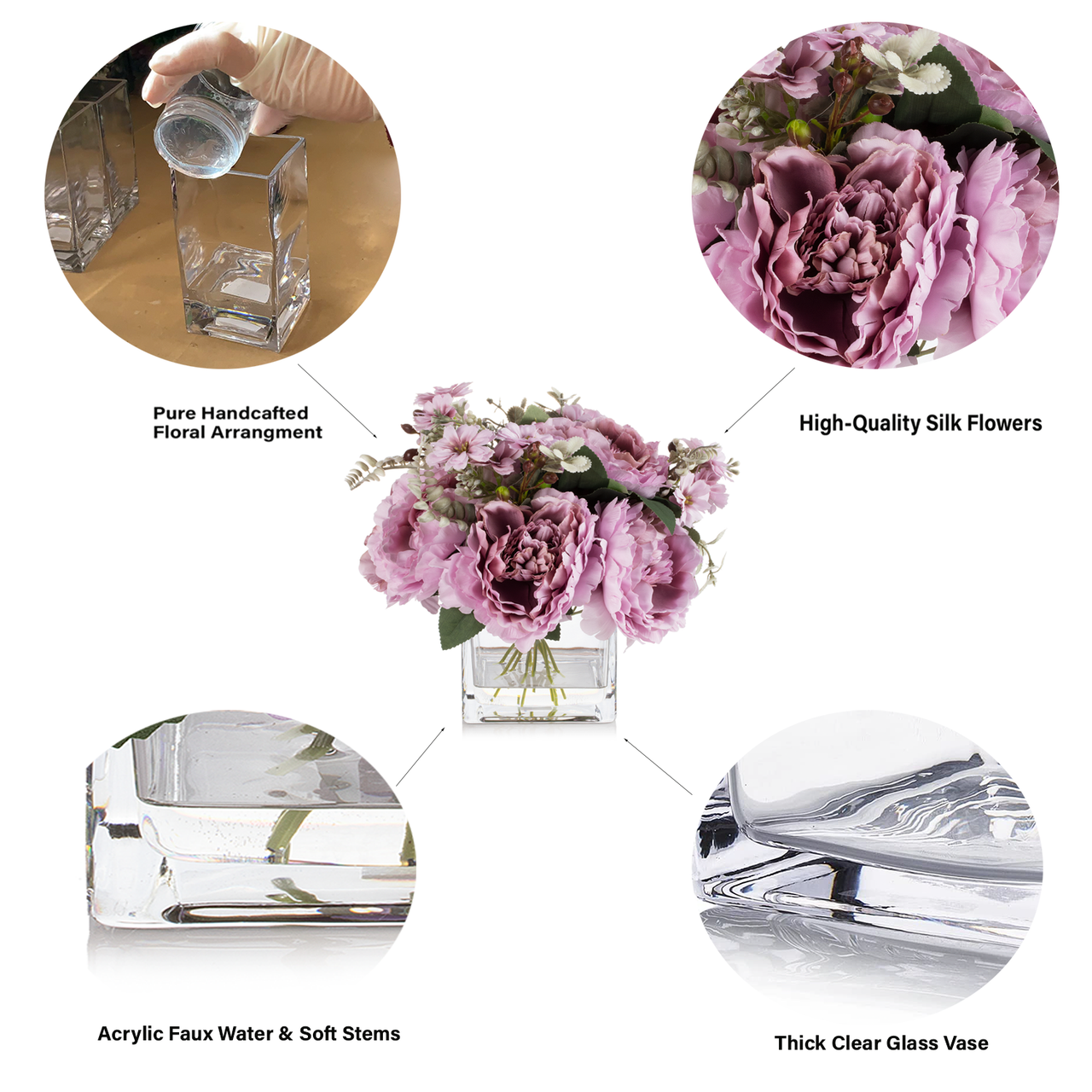 Mixed Artificial Silk Peony Flowers in Clear Glass Vase With Faux Water