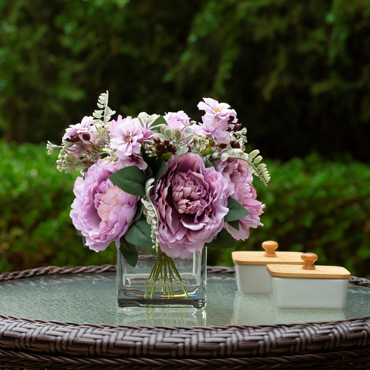 Mixed Artificial Silk Peony Flowers in Clear Glass Vase With Faux Water