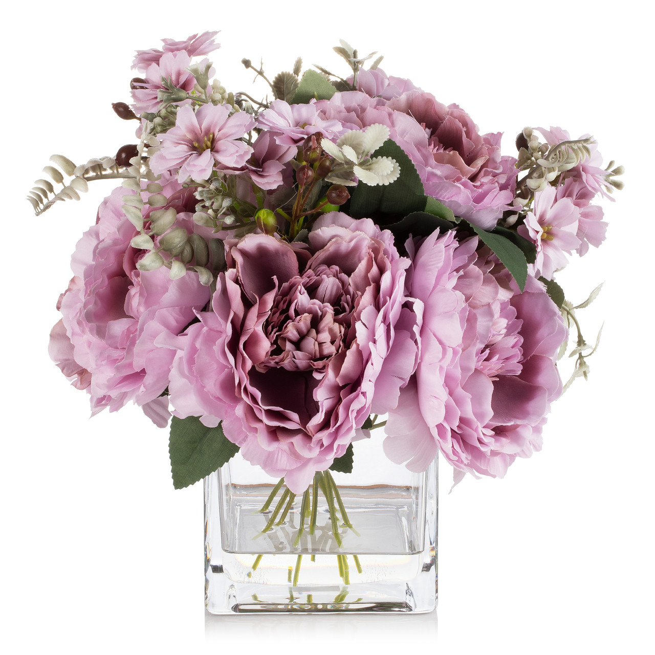 Mixed Artificial Silk Peony Flowers in Clear Glass Vase With Faux Water