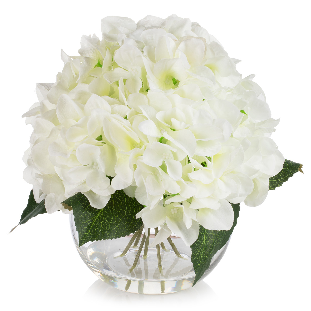 Silk Hydrangea Flower Arrangement in Clear White Vase with Faux Water