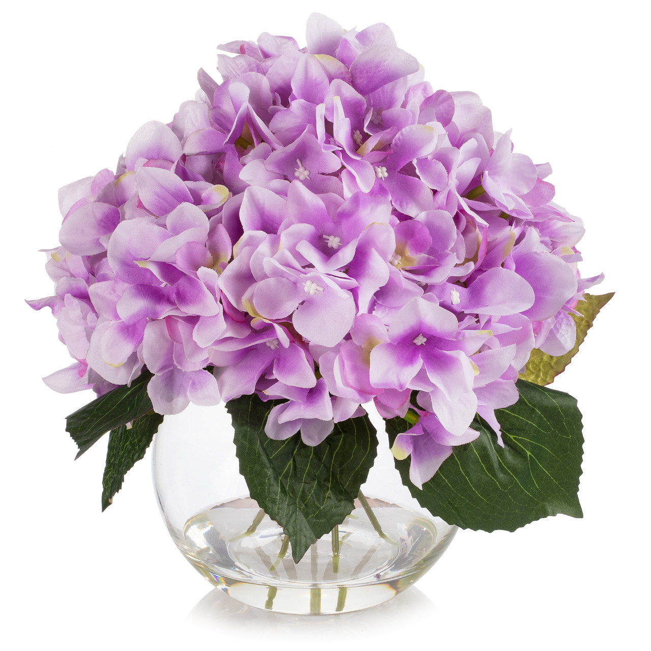 Silk Hydrangea Flower Arrangement in Clear White Vase with Faux Water