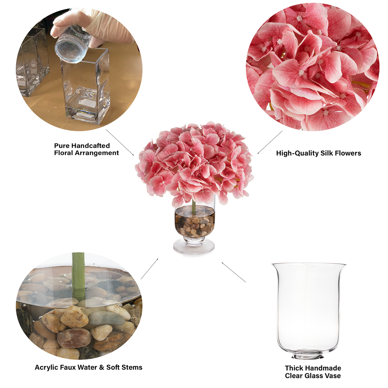 Real Touch Hydrangea Flower in Clear Glass Vase with Acrylic Water