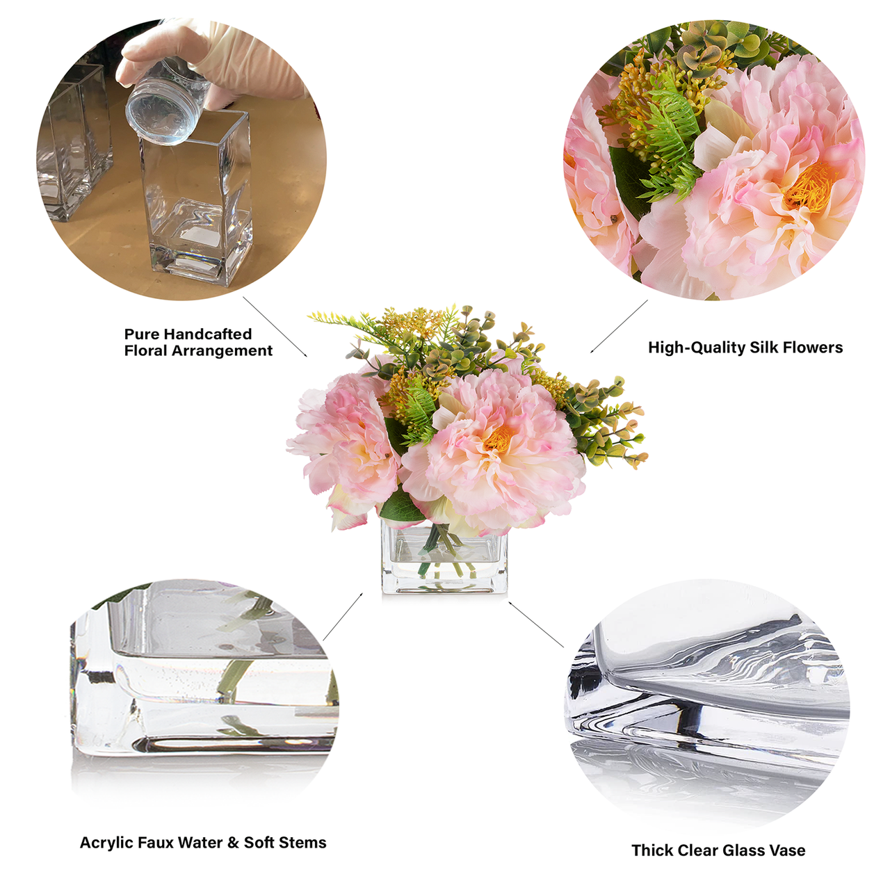 Mixed Silk Peony Flower in Clear Glass Vase With Faux Water