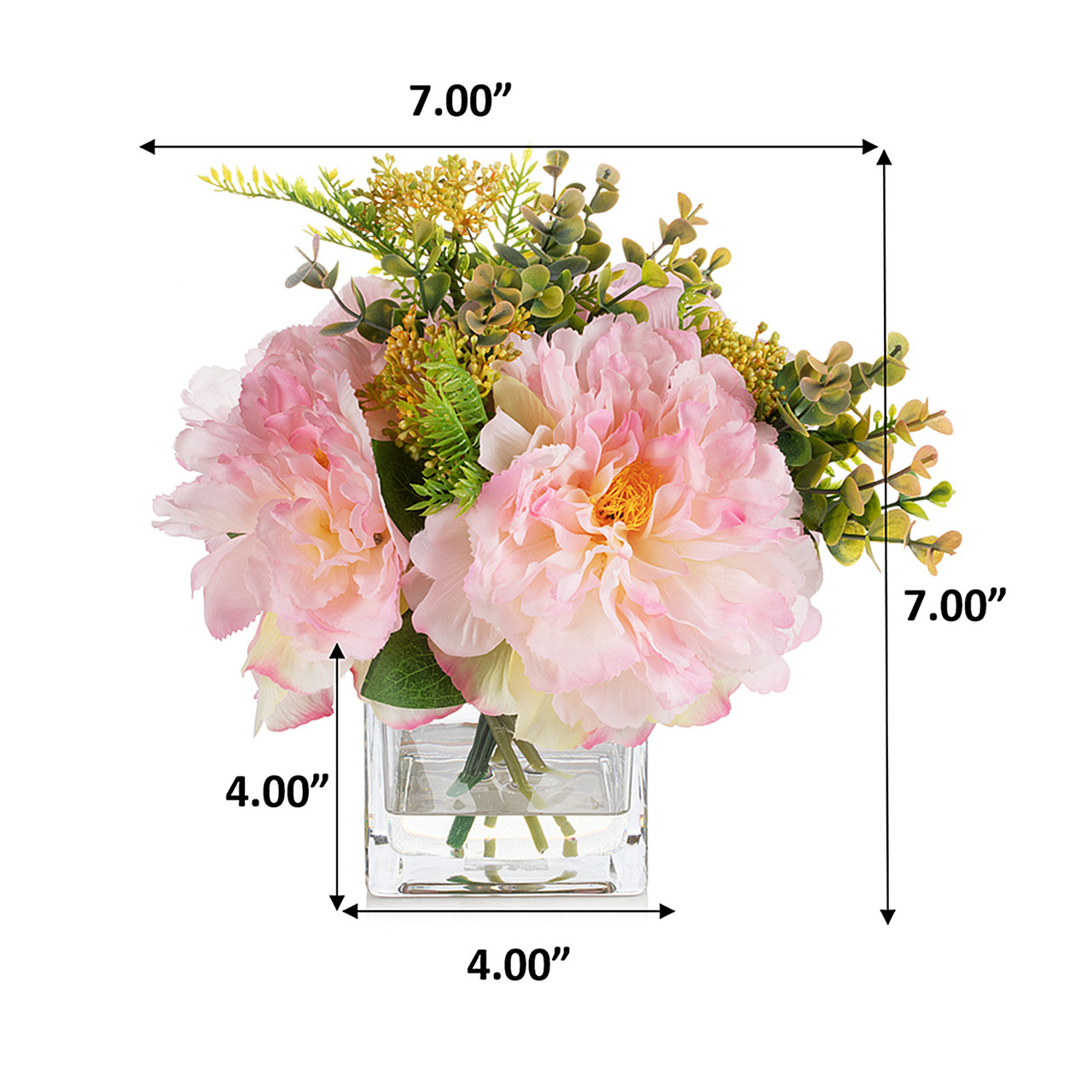 Mixed Silk Peony Flower in Clear Glass Vase With Faux Water