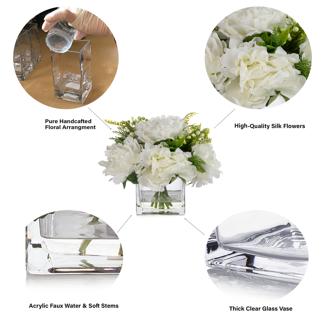 Mixed Silk Peony Flower in Cube Glass Vase With Faux Water