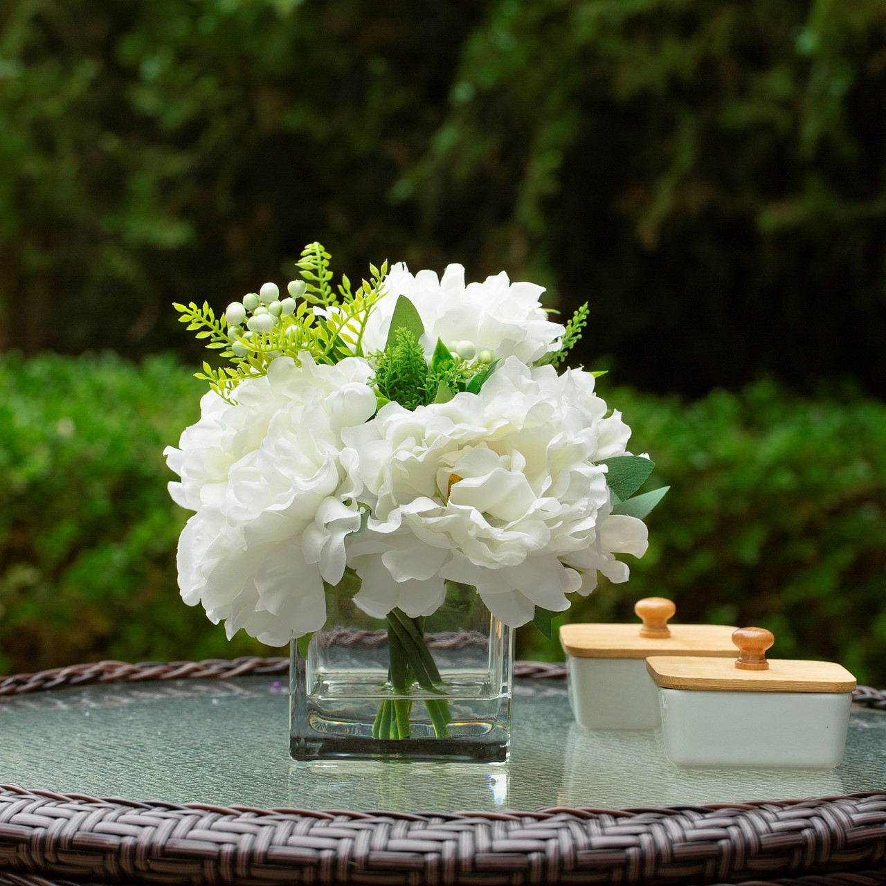 Mixed Silk Peony Flower in Cube Glass Vase With Faux Water
