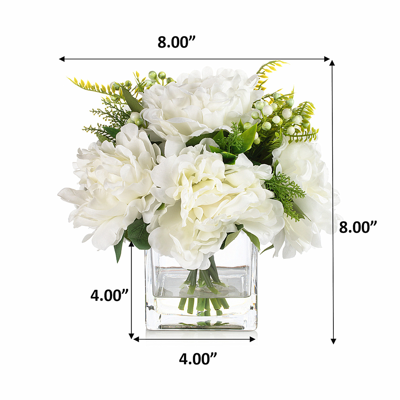 Mixed Silk Peony Flower in Cube Glass Vase With Faux Water