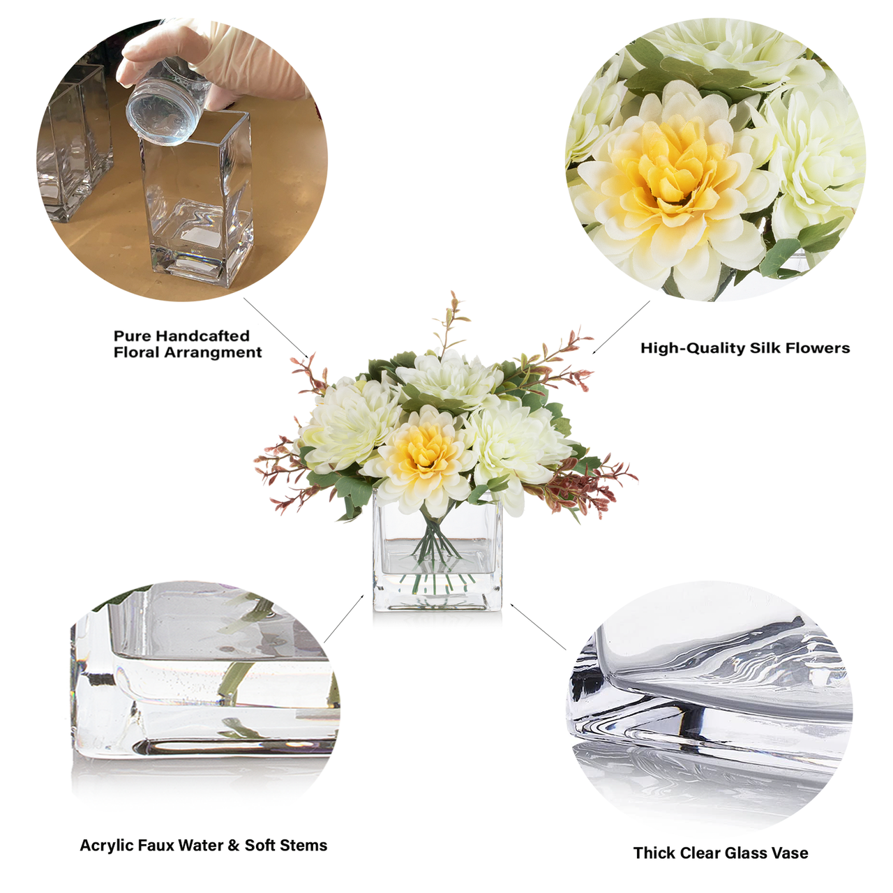 Mixed Daisy Flower Arrangement in Glass Vase with Acrylic Water (Cream Yellow)