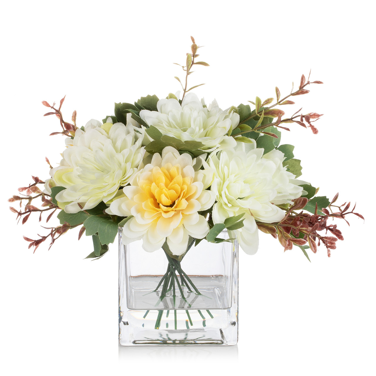 Mixed Daisy Flower Arrangement in Glass Vase with Acrylic Water (Cream Yellow)