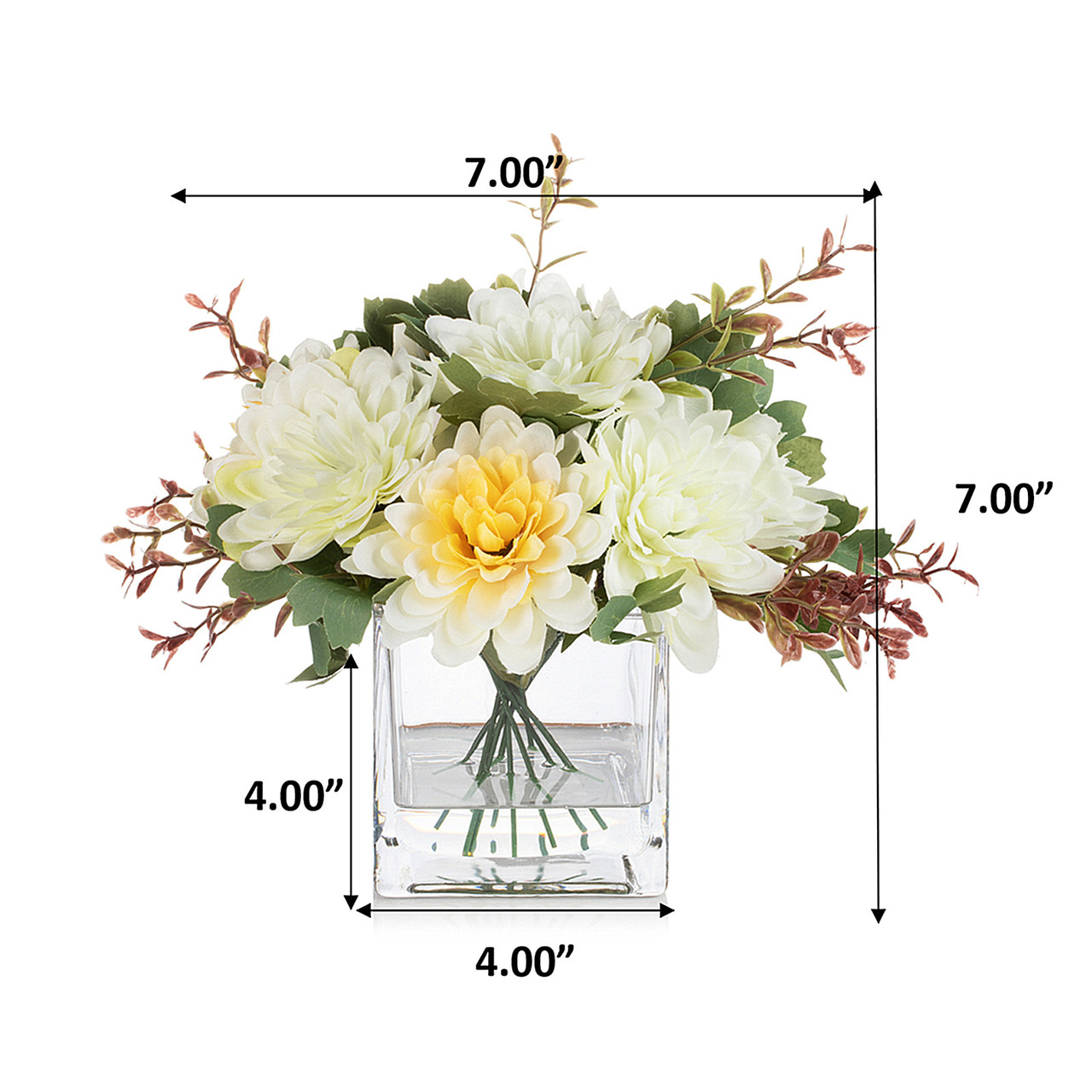 Mixed Daisy Flower Arrangement in Glass Vase with Acrylic Water (Cream Yellow)