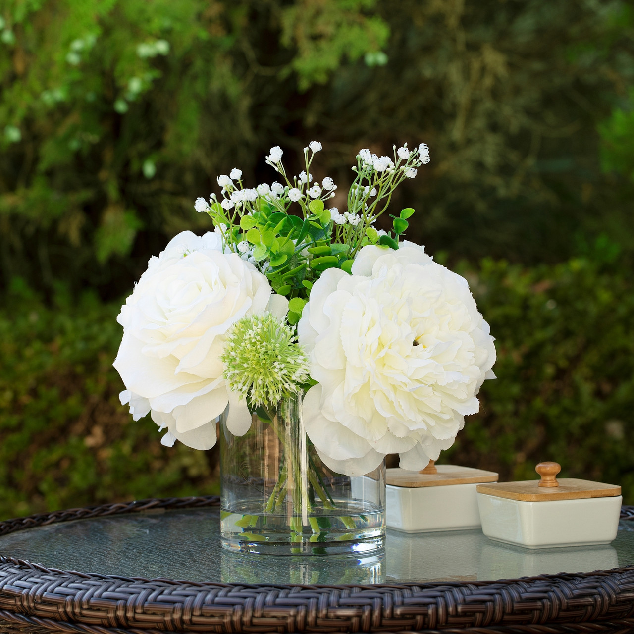 12" Mixed Artificial Peony and Rose Flower in Glass Vase