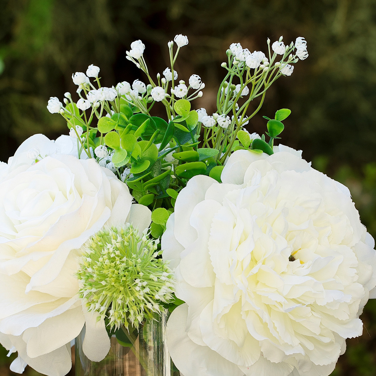 12" Mixed Artificial Peony and Rose Flower in Glass Vase