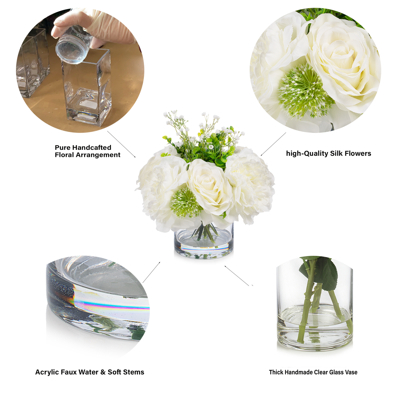 12" Mixed Artificial Peony and Rose Flower in Glass Vase