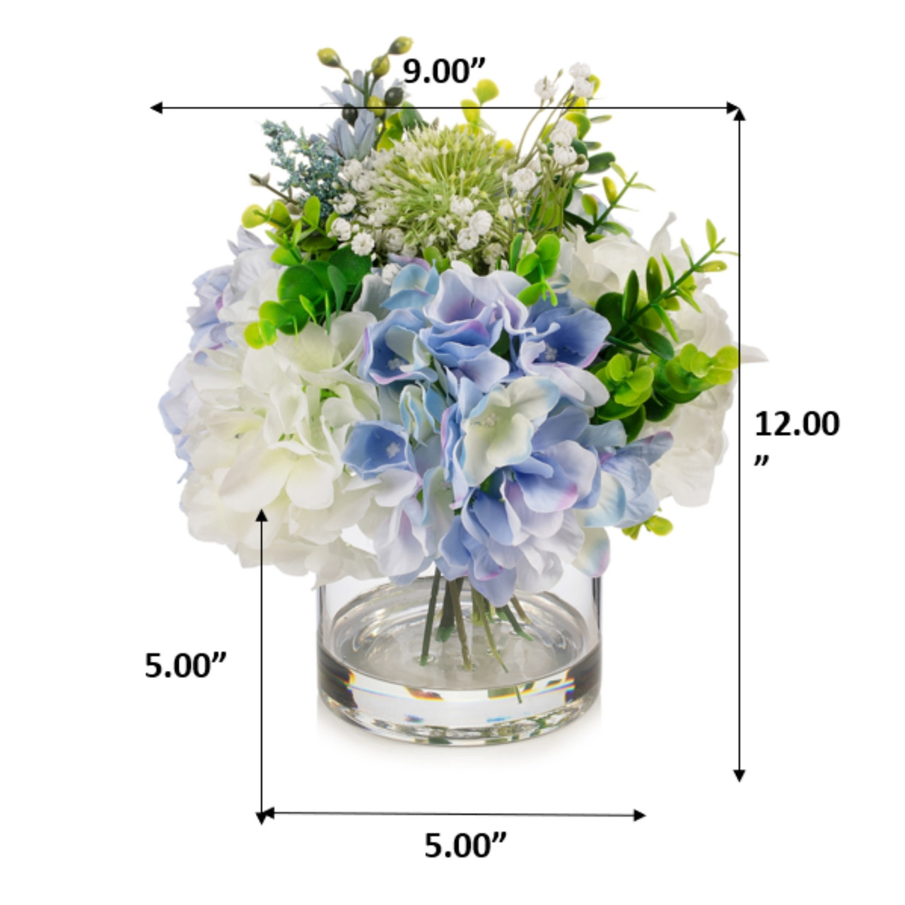12" Mixed Artificial Hydrangea Flower in Glass Vase