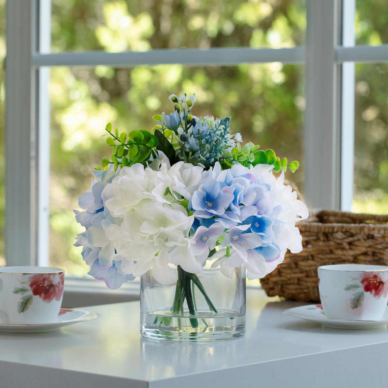 12" Mixed Artificial Hydrangea Flower in Glass Vase