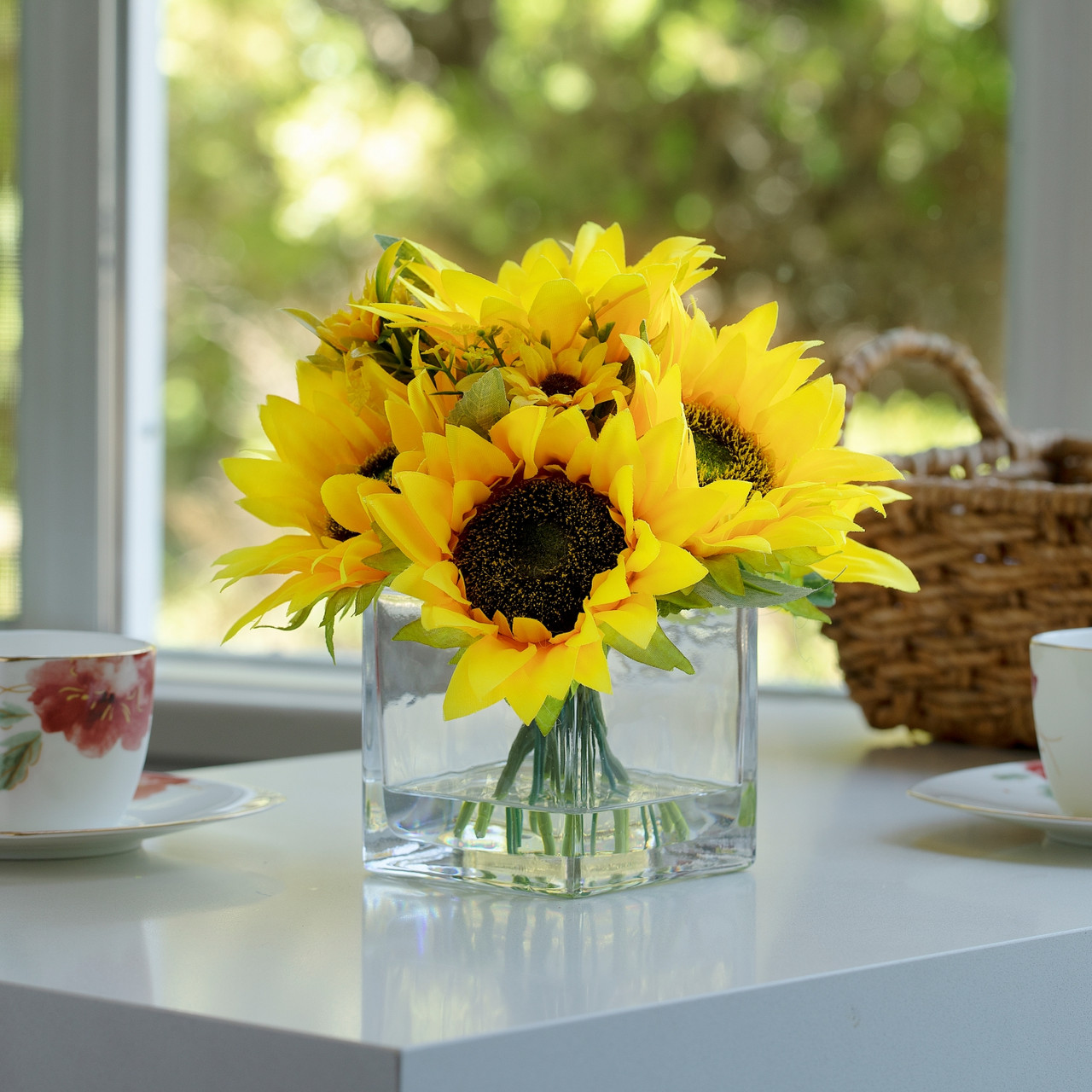 8" Mixed Artificial Sunflowers in Glass Vase