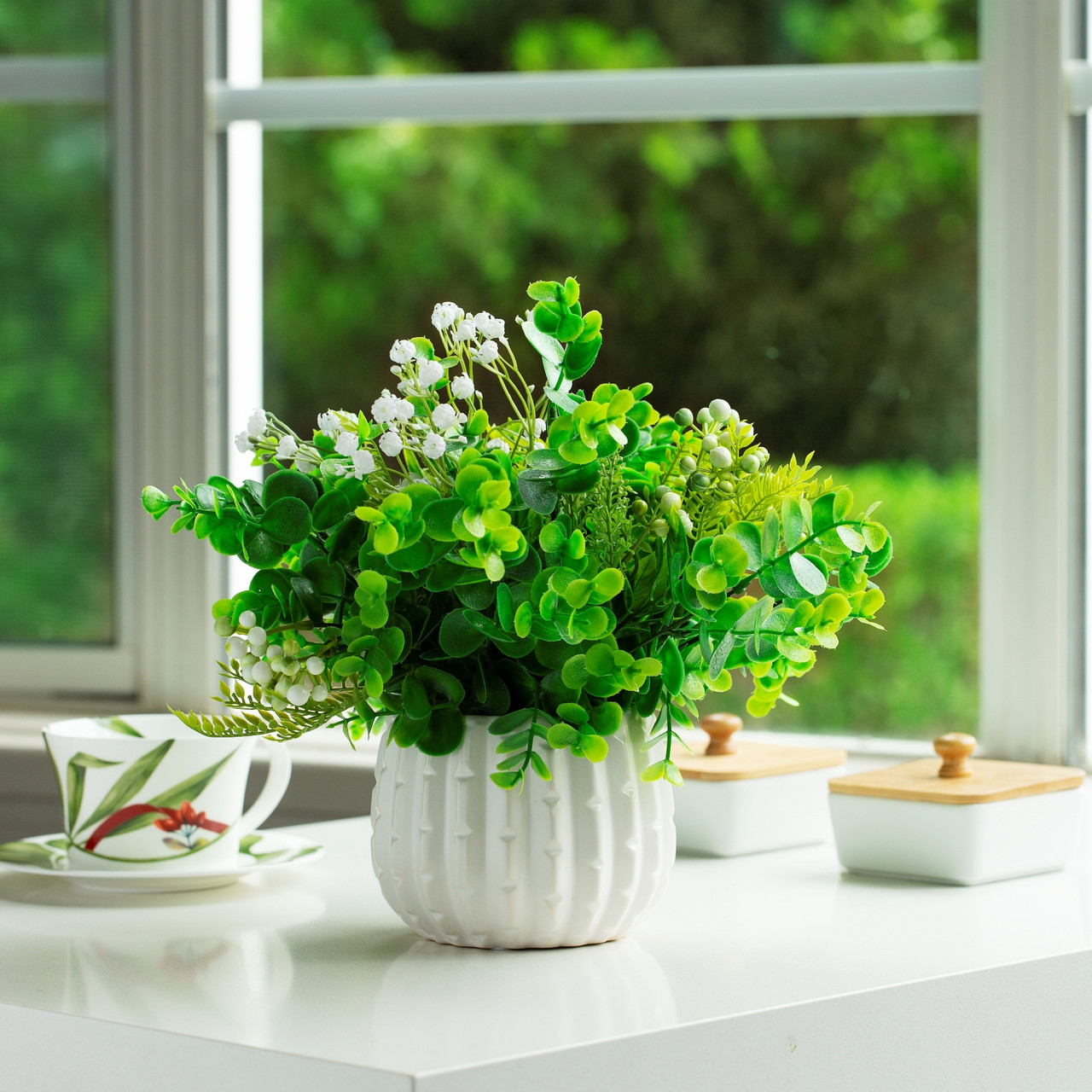 11" Mixed Eucalyptus and Baby's Breath in Ceramic Pot
