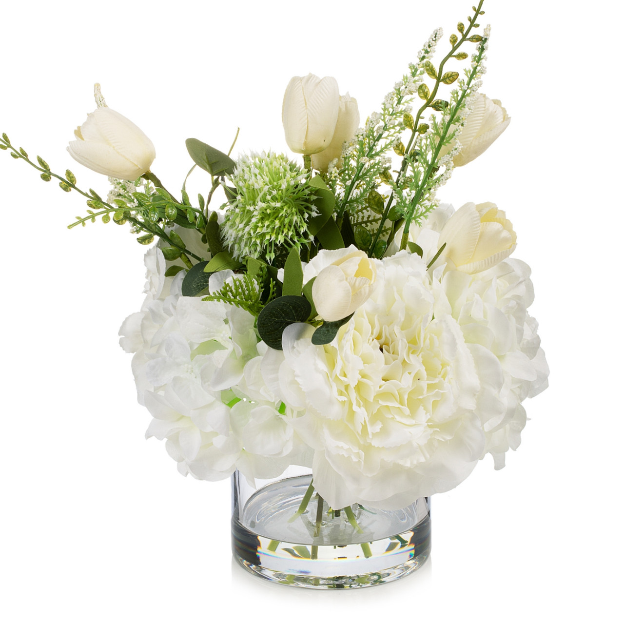 14" Mixed Artificial Peony and Tulip Flower in Glass Vase