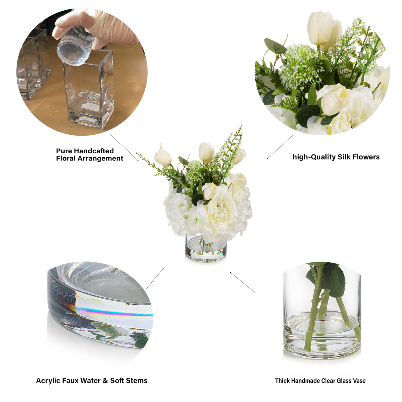 14" Mixed Artificial Peony and Tulip Flower in Glass Vase