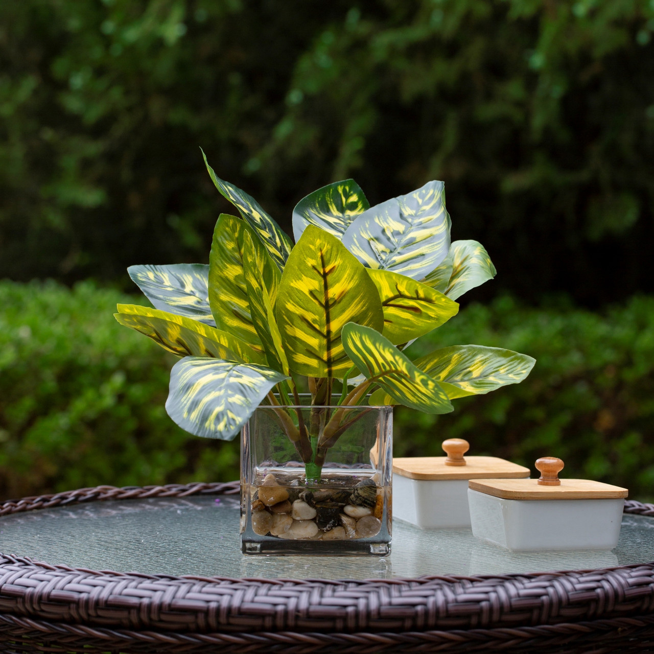8" Faux Monstera Plant in Vase with River Stone