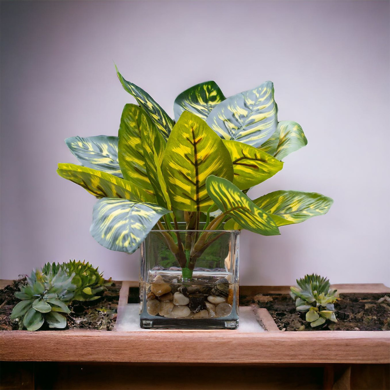 8" Faux Monstera Plant in Vase with River Stone