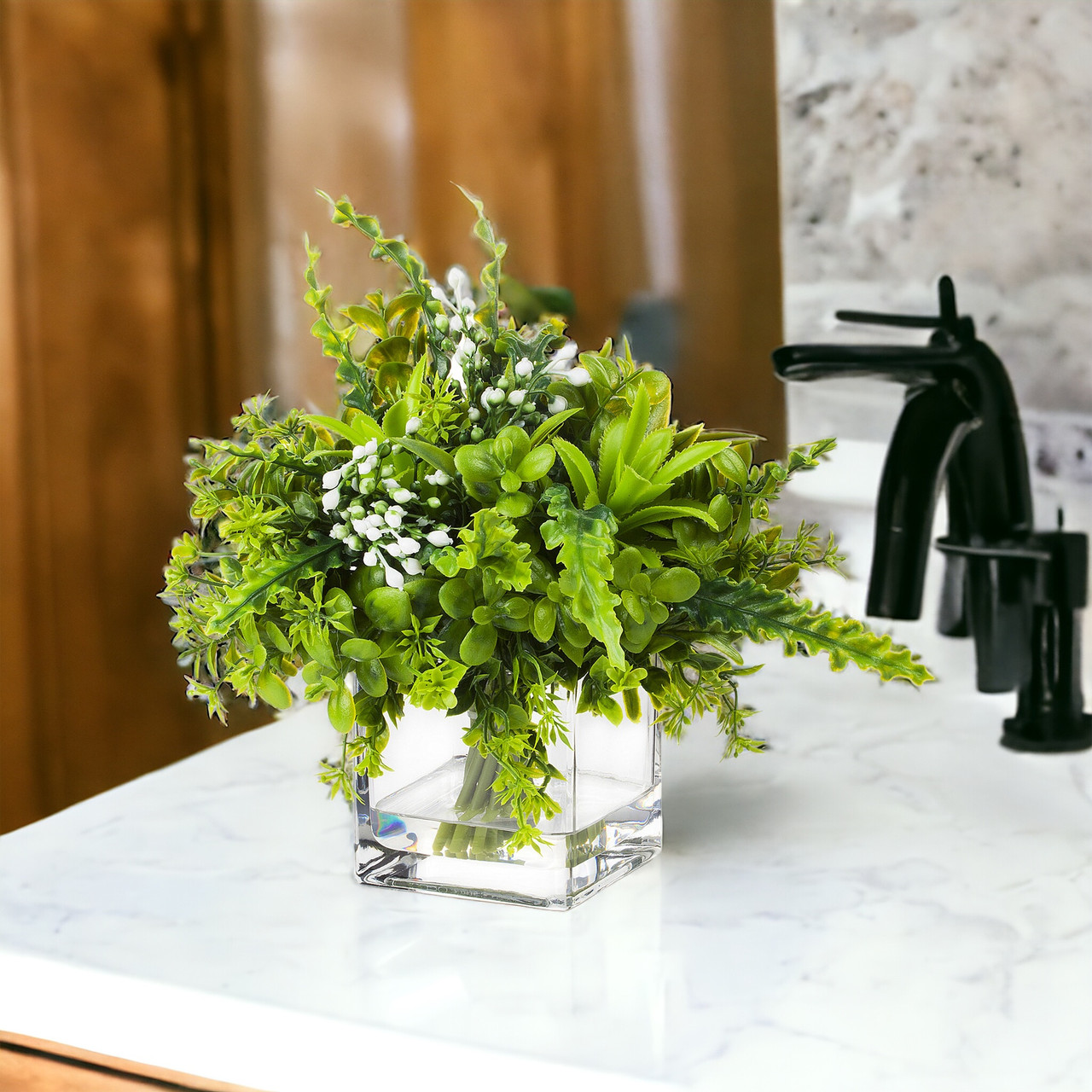 8"Mixed Faux Greenery Plant in Glass Vase