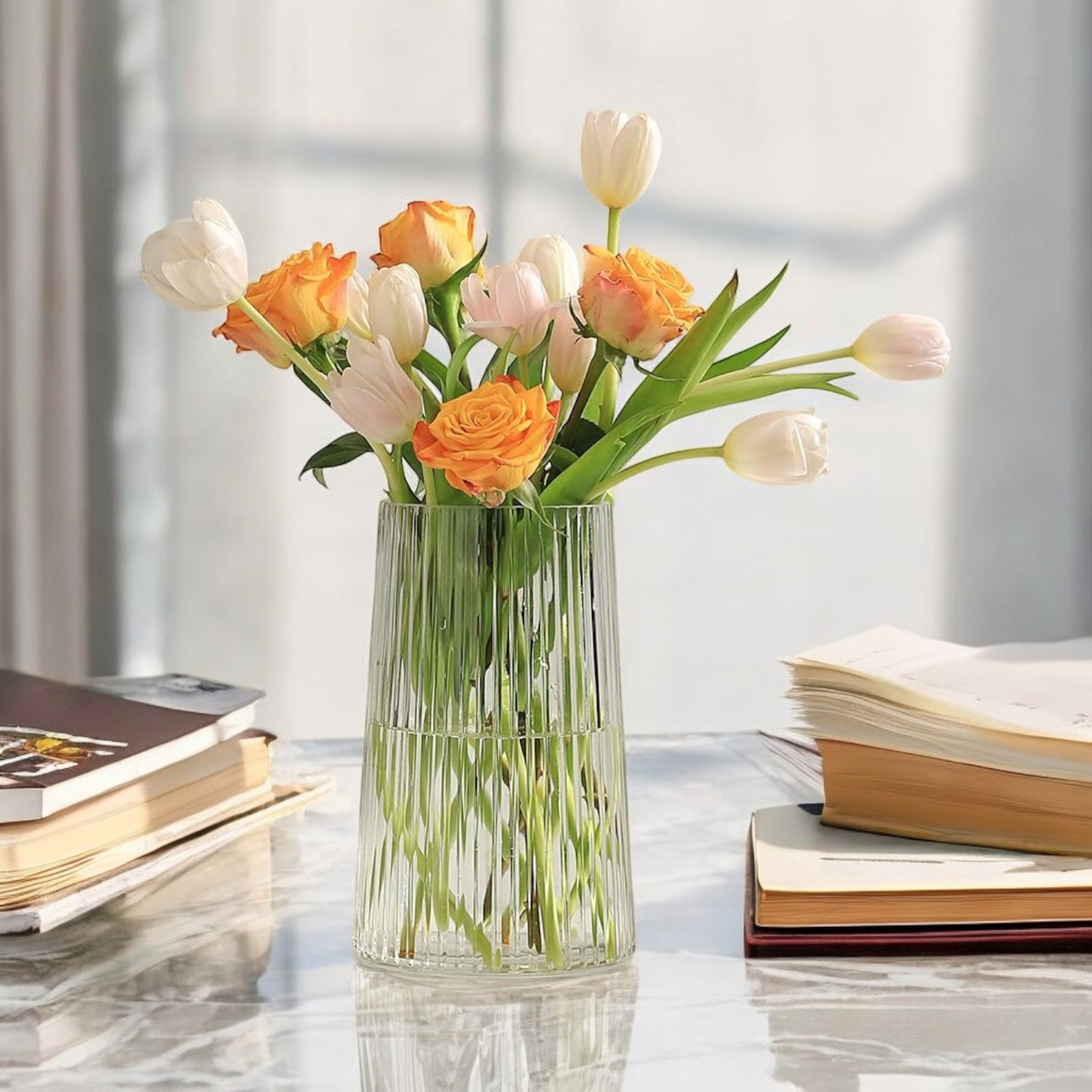 4" W 8" H Clear Ribbed Glass Vase