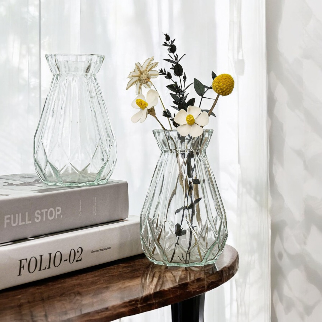 4.5" W 7.0" H Clear Diamond-faceted Glass Vase