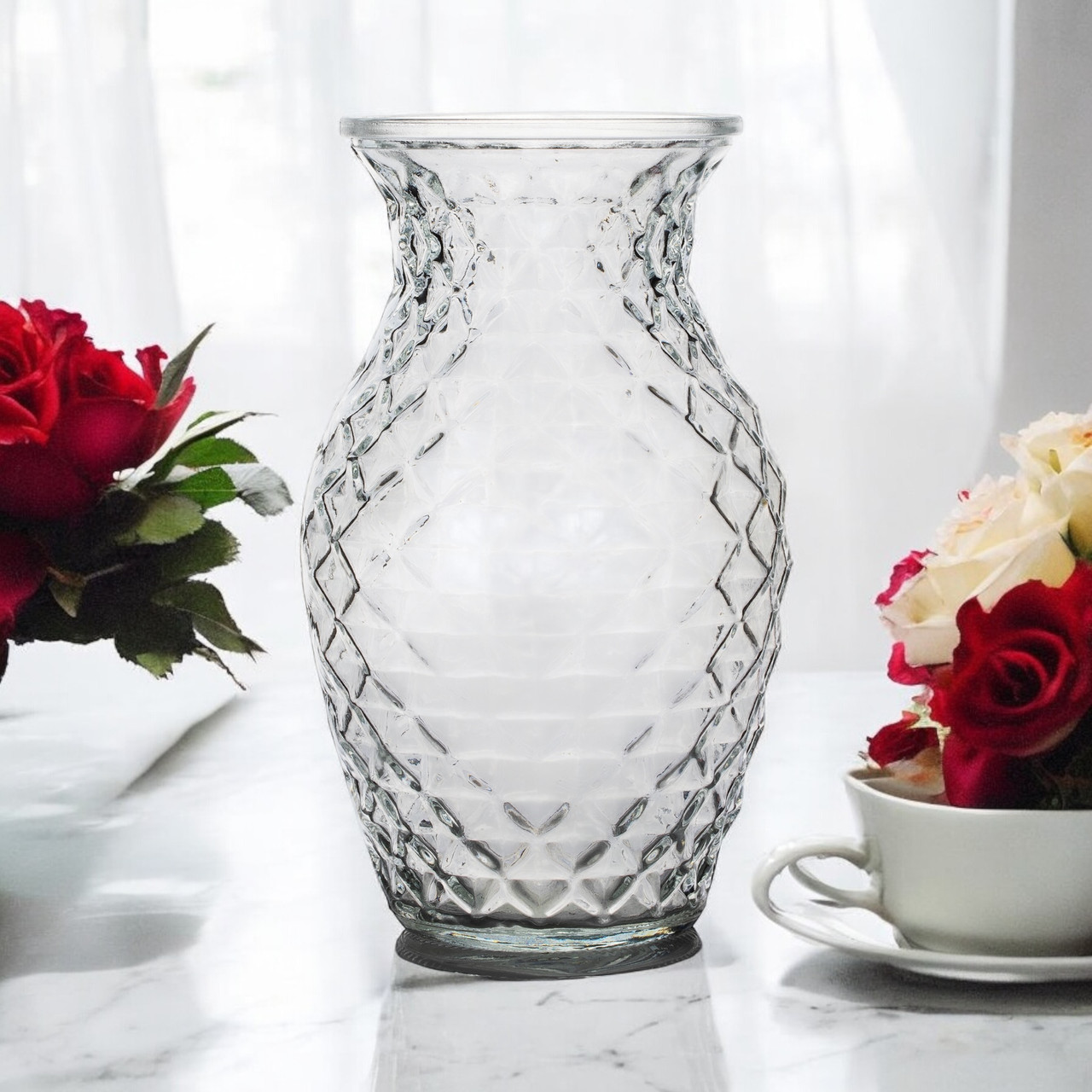 5.0" W 8.0" H Clear Diamond-faceted Glass Vase