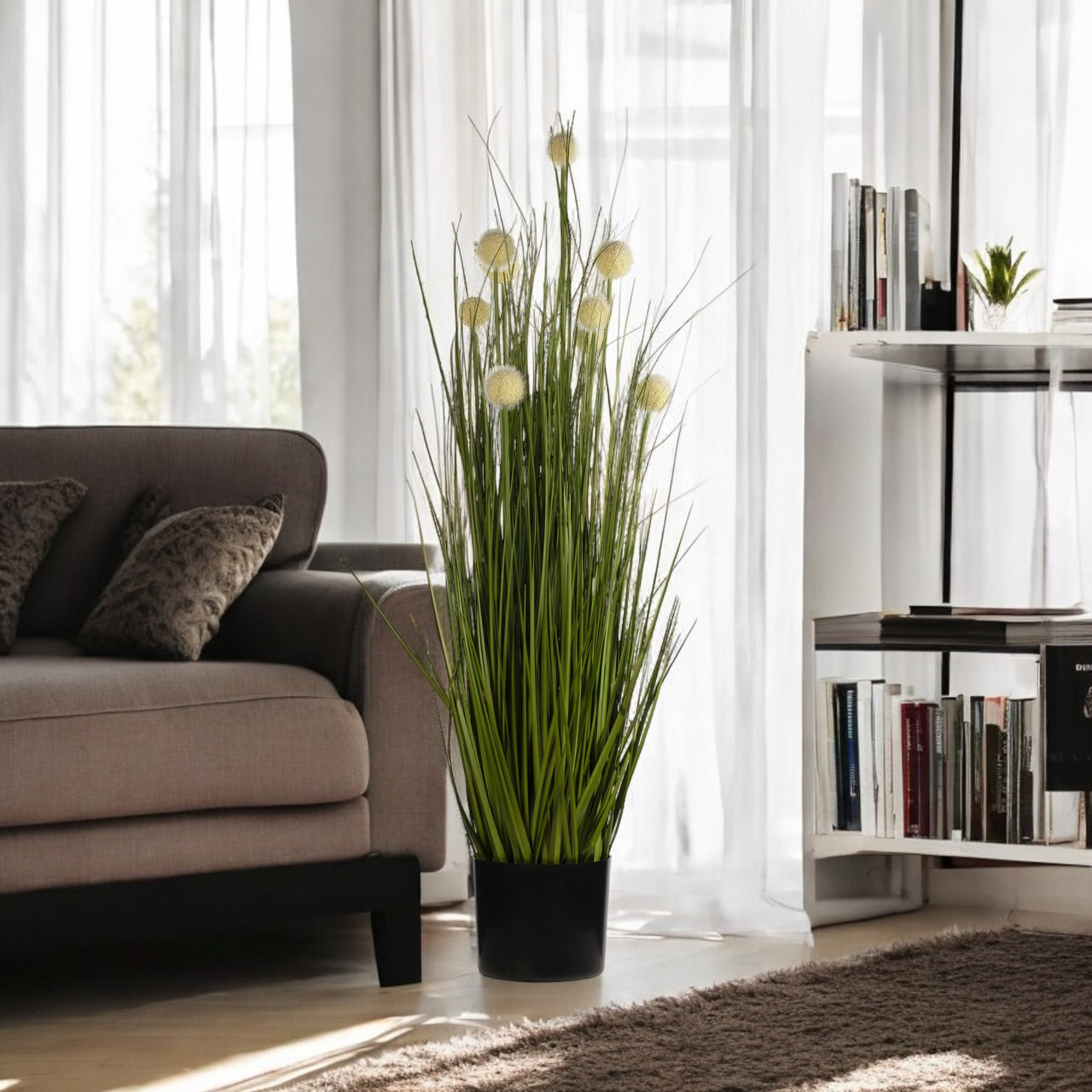 48" Artificial Grass with Cream Billy Balls Flowers in Pot