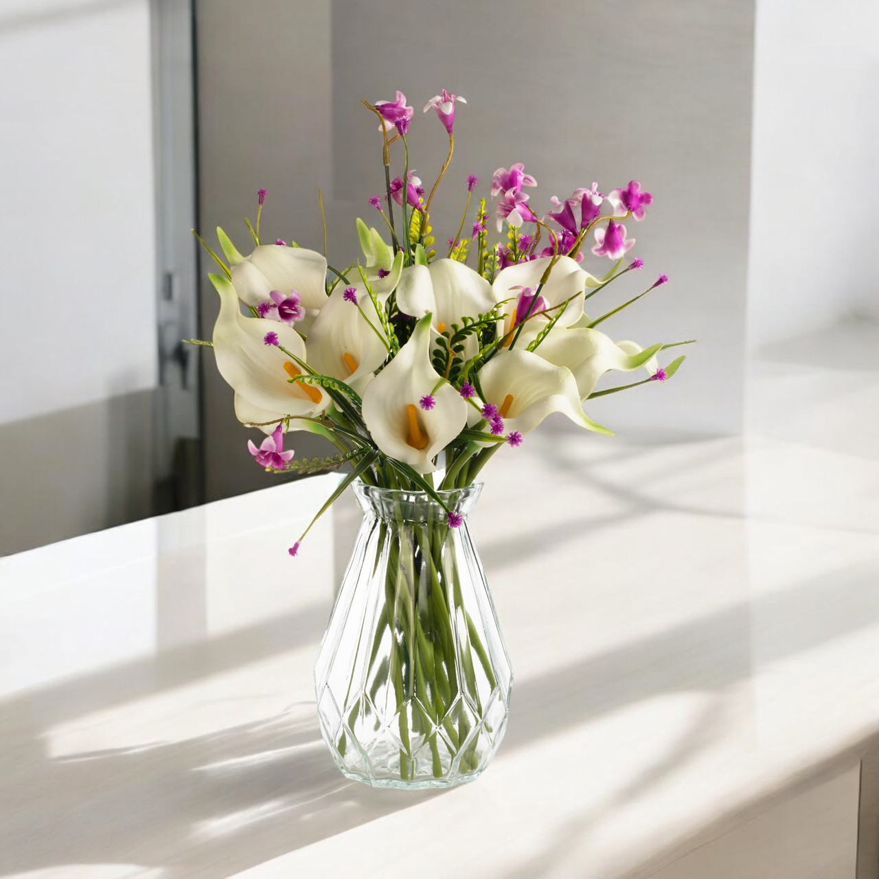 13" Mixed Real Touch Calla Lily Flower with Filler in Glass Vase